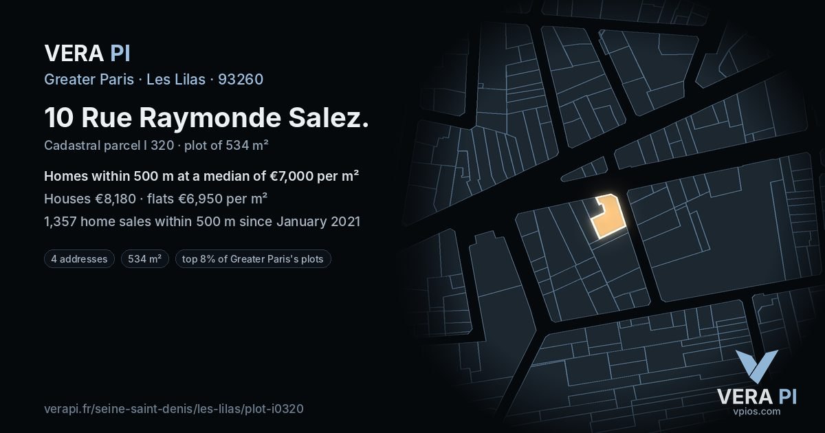 10 Rue Raymonde Salez, Les Lilas at night – the plot lit, the parcels around coloured by the prices near them