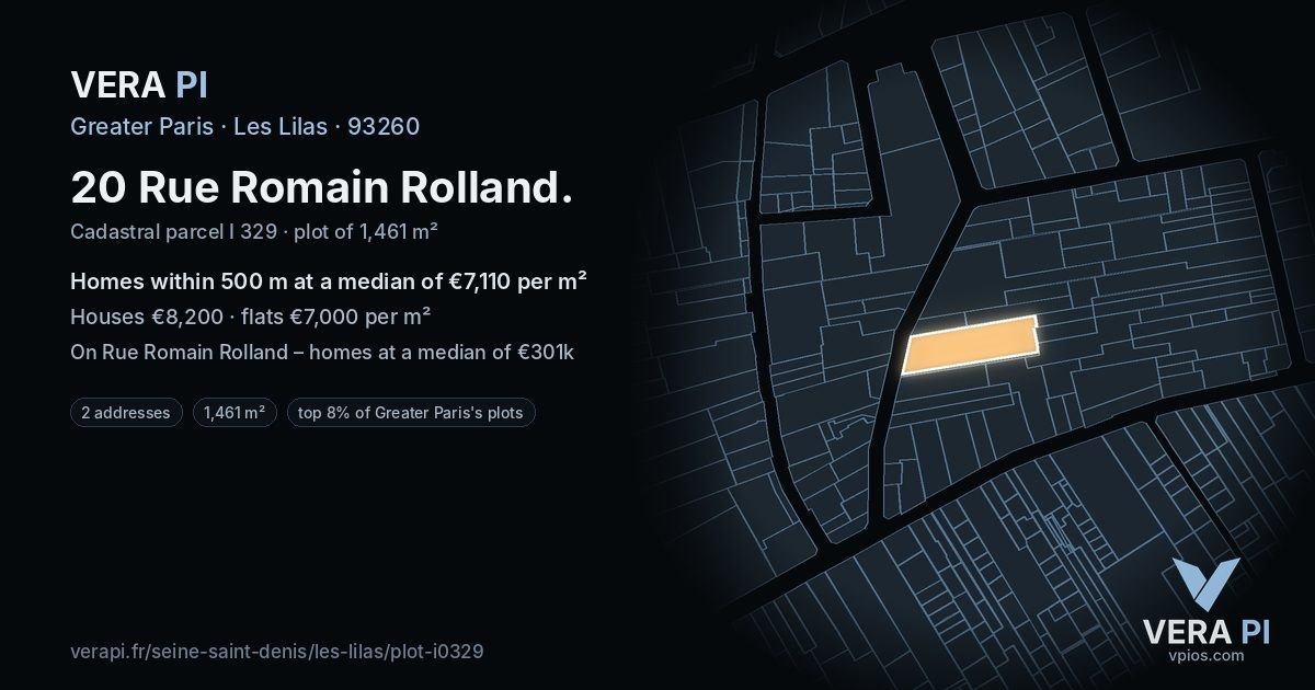 20 Rue Romain Rolland, Les Lilas at night – the plot lit, the parcels around coloured by the prices near them