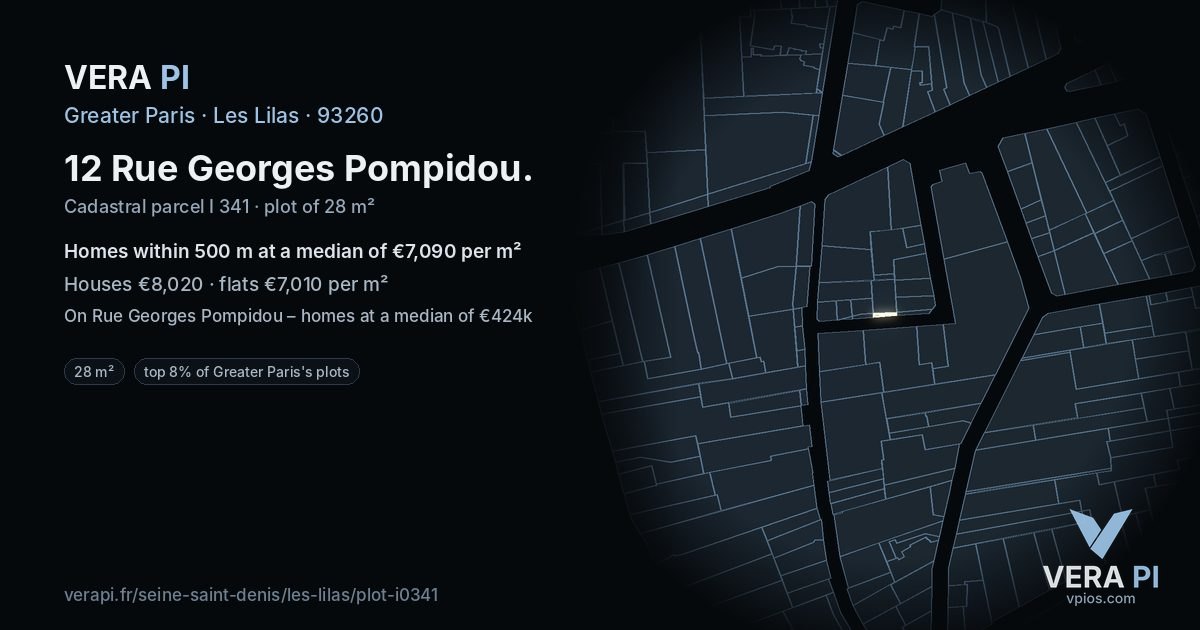 12 Rue Georges Pompidou, Les Lilas at night – the plot lit, the parcels around coloured by the prices near them