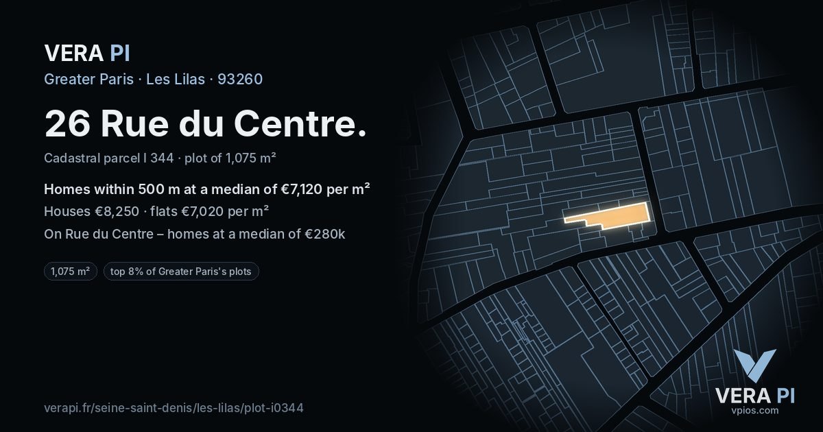 26 Rue du Centre, Les Lilas at night – the plot lit, the parcels around coloured by the prices near them