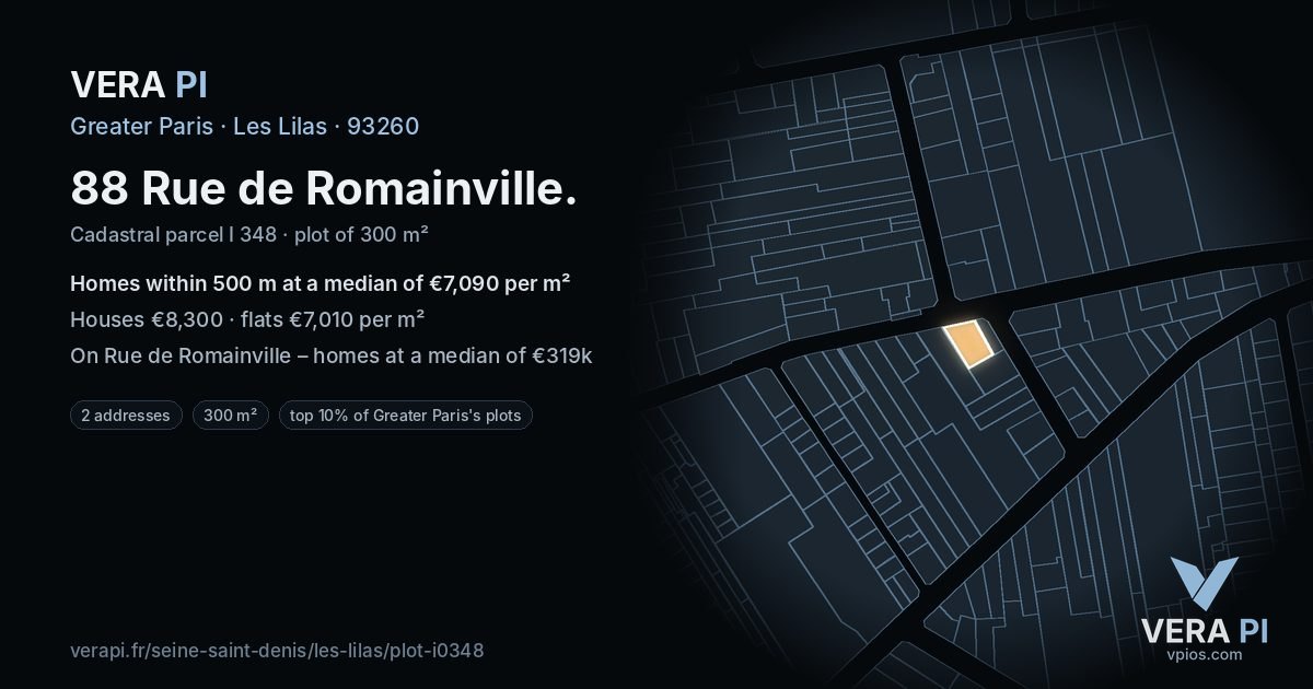 88 Rue de Romainville, Les Lilas at night – the plot lit, the parcels around coloured by the prices near them