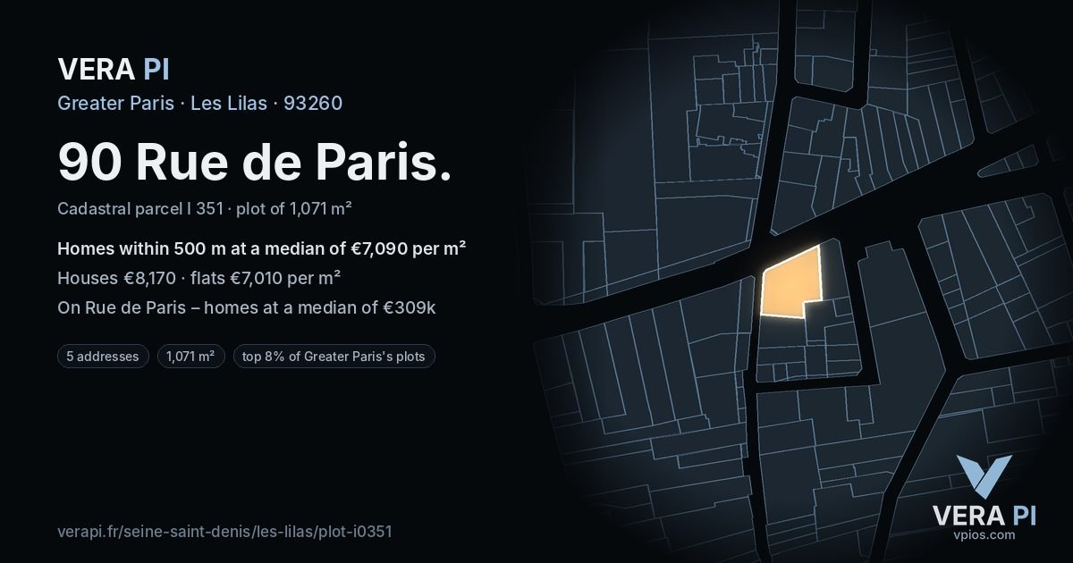 90 Rue de Paris, Les Lilas at night – the plot lit, the parcels around coloured by the prices near them