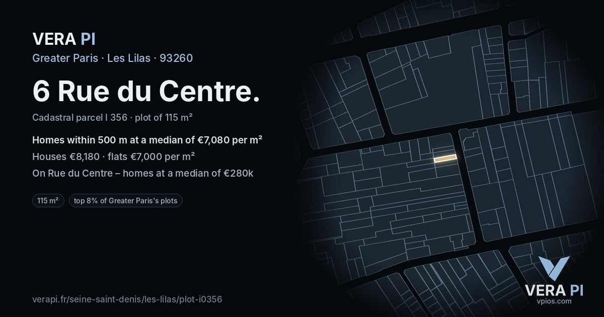6 Rue du Centre, Les Lilas at night – the plot lit, the parcels around coloured by the prices near them