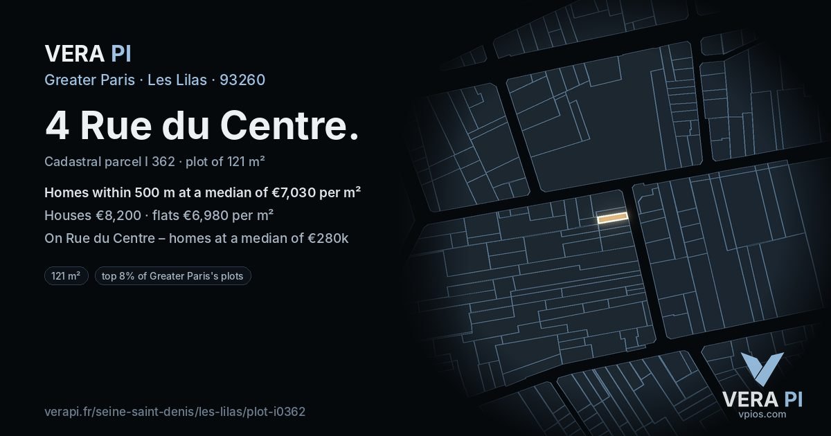 4 Rue du Centre, Les Lilas at night – the plot lit, the parcels around coloured by the prices near them