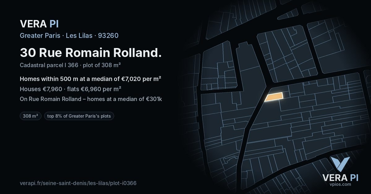 30 Rue Romain Rolland, Les Lilas at night – the plot lit, the parcels around coloured by the prices near them