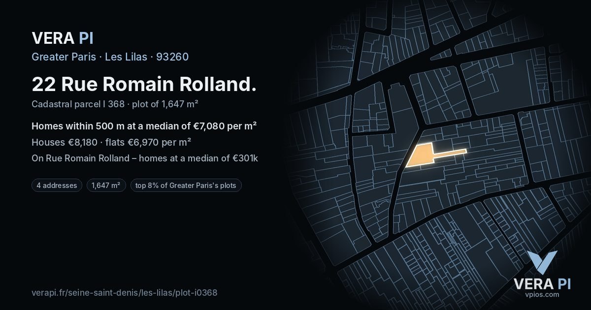 22 Rue Romain Rolland, Les Lilas at night – the plot lit, the parcels around coloured by the prices near them
