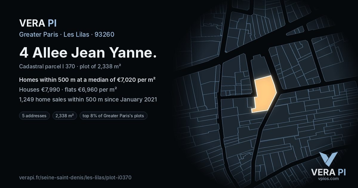 4 Allee Jean Yanne, Les Lilas at night – the plot lit, the parcels around coloured by the prices near them