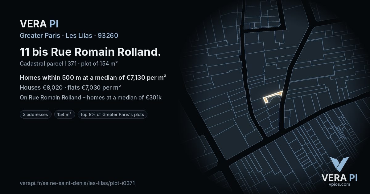 11 bis Rue Romain Rolland, Les Lilas at night – the plot lit, the parcels around coloured by the prices near them