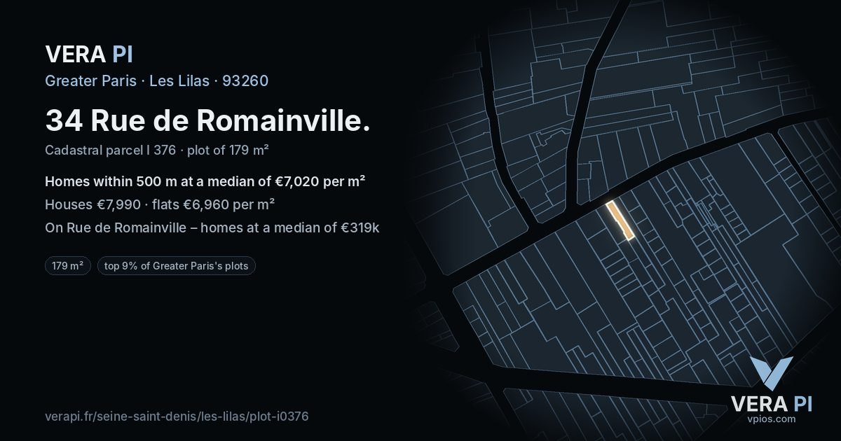34 Rue de Romainville, Les Lilas at night – the plot lit, the parcels around coloured by the prices near them