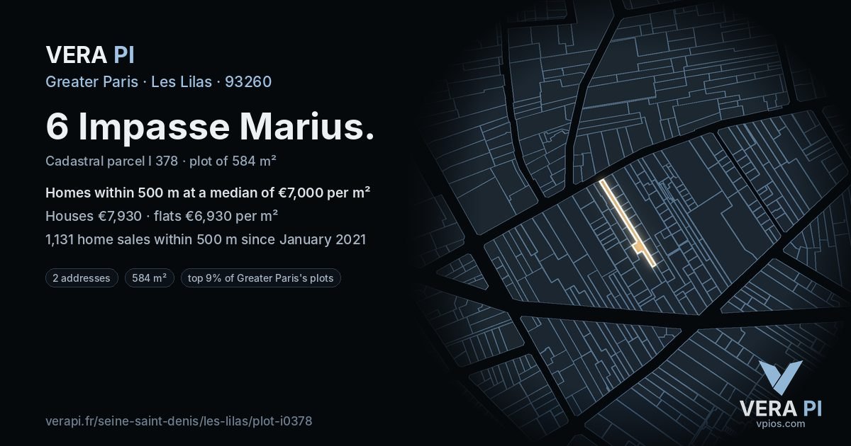 6 Impasse Marius, Les Lilas at night – the plot lit, the parcels around coloured by the prices near them