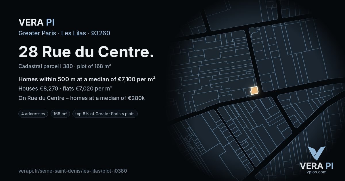 28 Rue du Centre, Les Lilas at night – the plot lit, the parcels around coloured by the prices near them