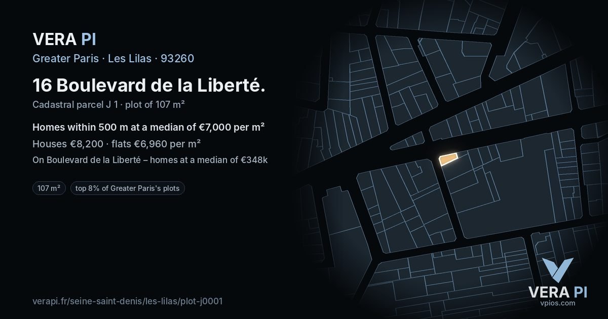 16 Boulevard de la Liberté, Les Lilas at night – the plot lit, the parcels around coloured by the prices near them