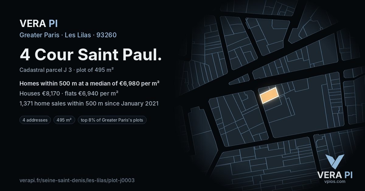 4 Cour Saint Paul, Les Lilas at night – the plot lit, the parcels around coloured by the prices near them