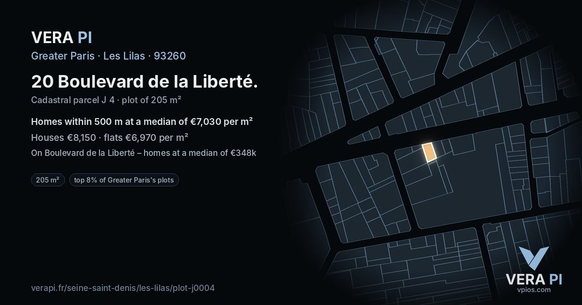 20 Boulevard de la Liberté, Les Lilas at night – the plot lit, the parcels around coloured by the prices near them