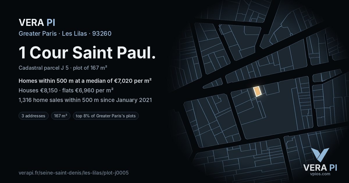1 Cour Saint Paul, Les Lilas at night – the plot lit, the parcels around coloured by the prices near them