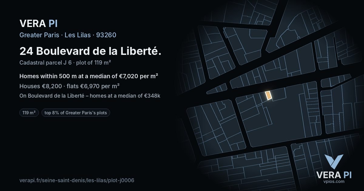 24 Boulevard de la Liberté, Les Lilas at night – the plot lit, the parcels around coloured by the prices near them