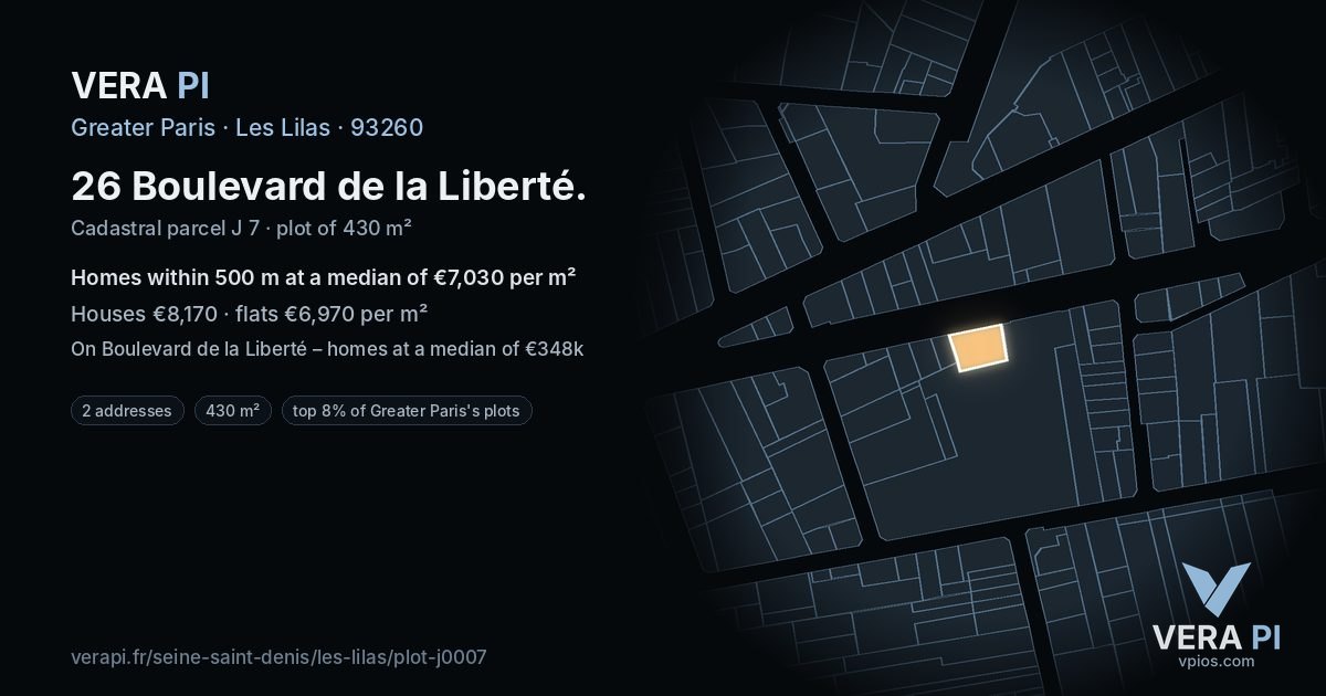 26 Boulevard de la Liberté, Les Lilas at night – the plot lit, the parcels around coloured by the prices near them