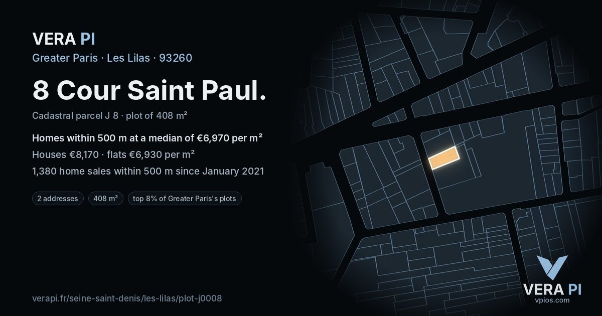 8 Cour Saint Paul, Les Lilas at night – the plot lit, the parcels around coloured by the prices near them