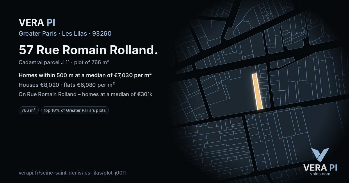 57 Rue Romain Rolland, Les Lilas at night – the plot lit, the parcels around coloured by the prices near them