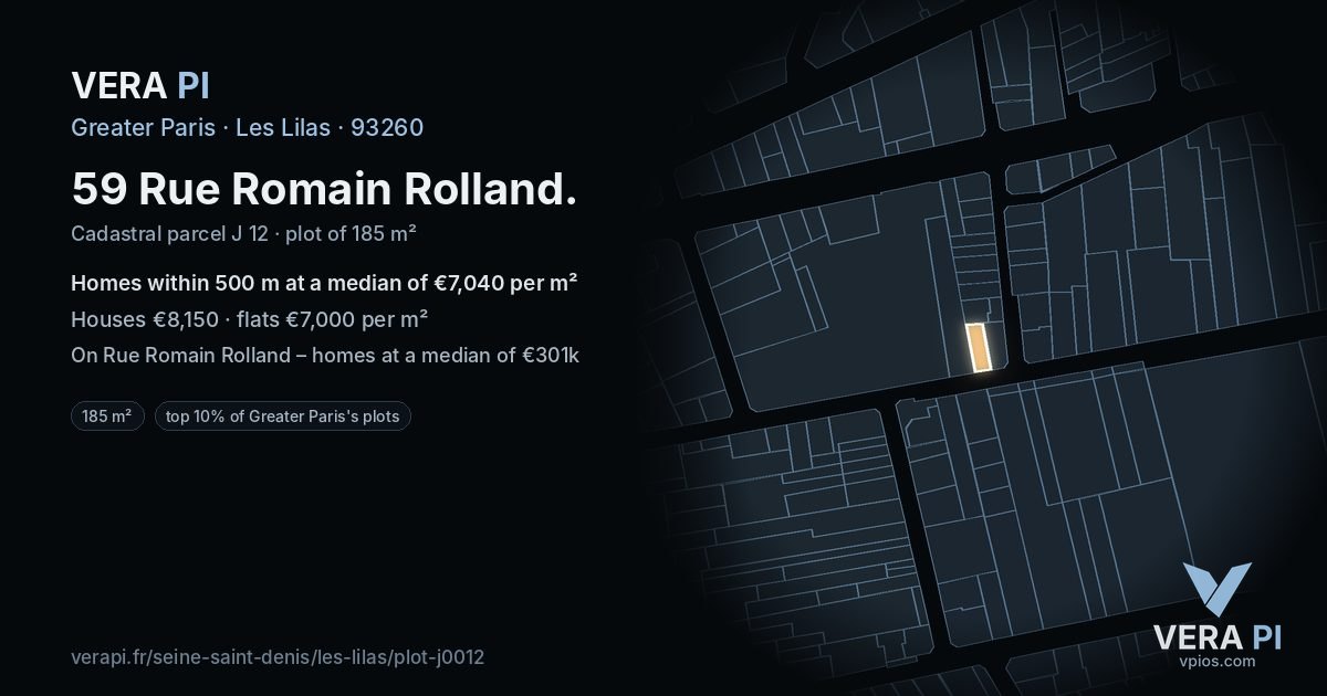 59 Rue Romain Rolland, Les Lilas at night – the plot lit, the parcels around coloured by the prices near them