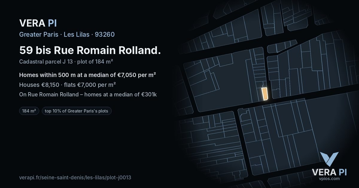 59 bis Rue Romain Rolland, Les Lilas at night – the plot lit, the parcels around coloured by the prices near them