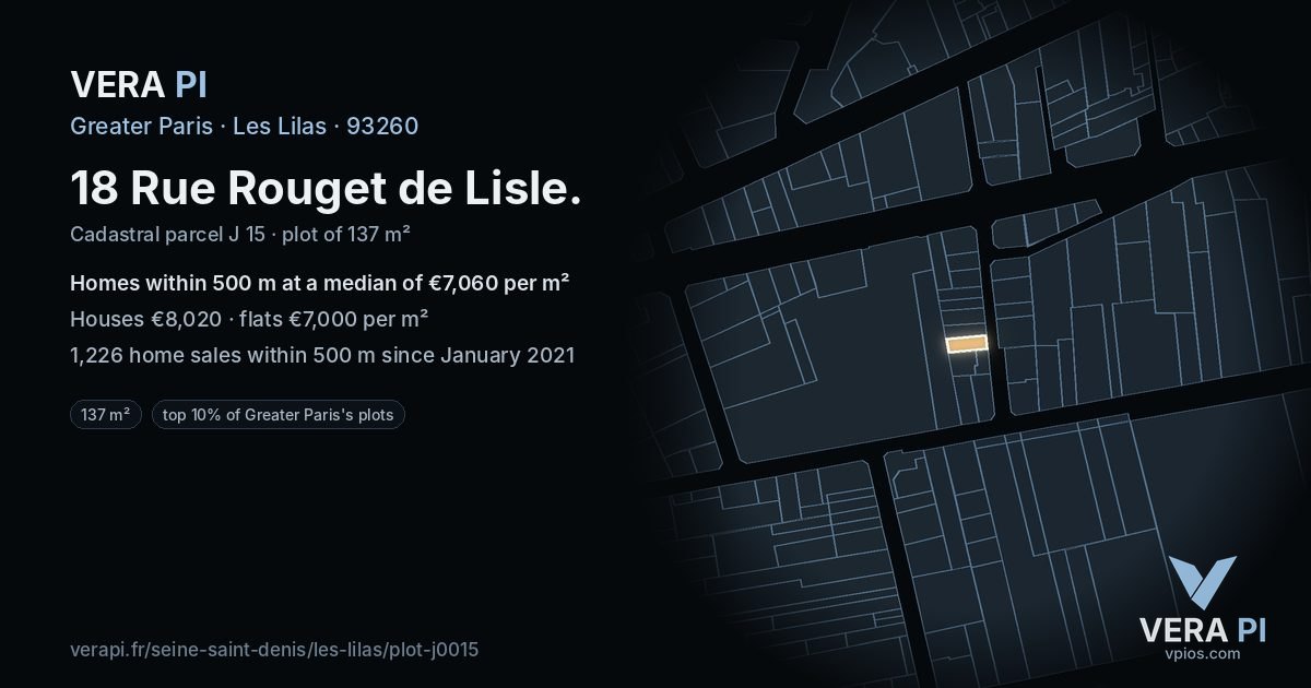18 Rue Rouget de Lisle, Les Lilas at night – the plot lit, the parcels around coloured by the prices near them