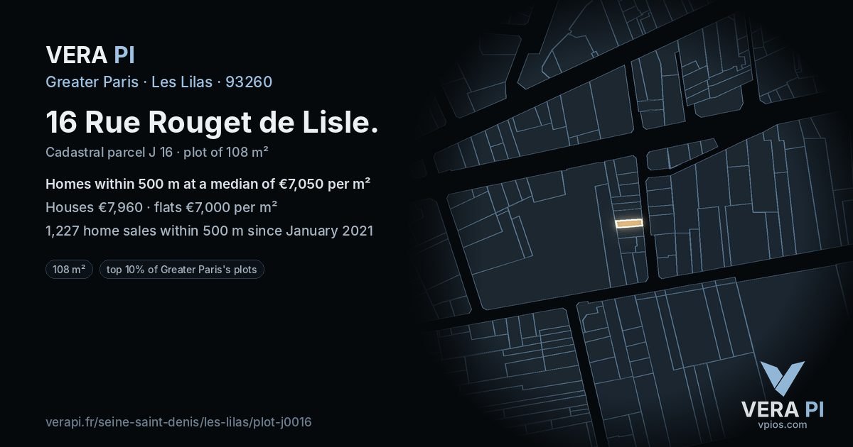 16 Rue Rouget de Lisle, Les Lilas at night – the plot lit, the parcels around coloured by the prices near them