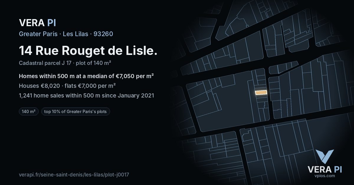 14 Rue Rouget de Lisle, Les Lilas at night – the plot lit, the parcels around coloured by the prices near them