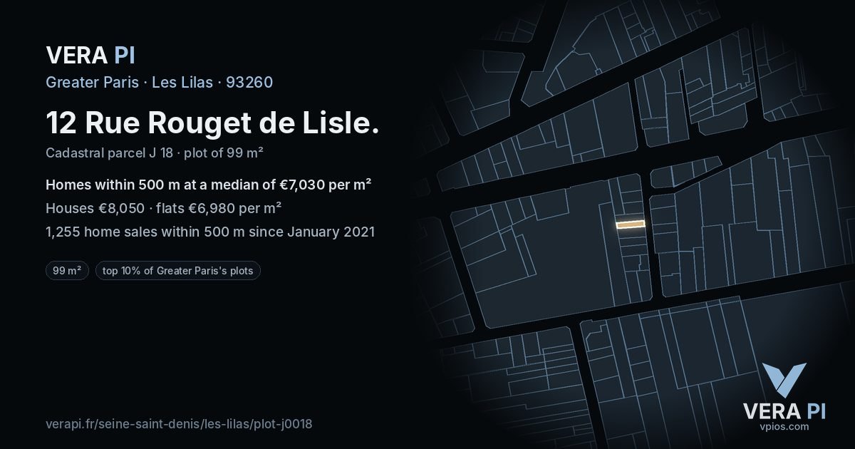 12 Rue Rouget de Lisle, Les Lilas at night – the plot lit, the parcels around coloured by the prices near them