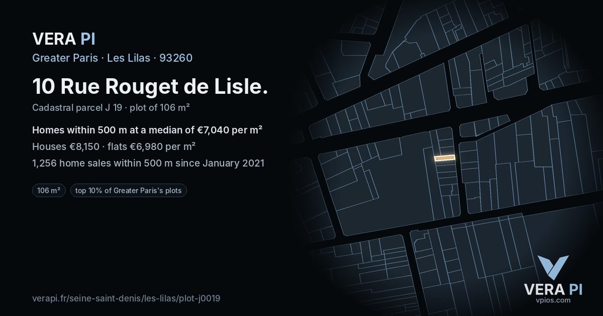 10 Rue Rouget de Lisle, Les Lilas at night – the plot lit, the parcels around coloured by the prices near them