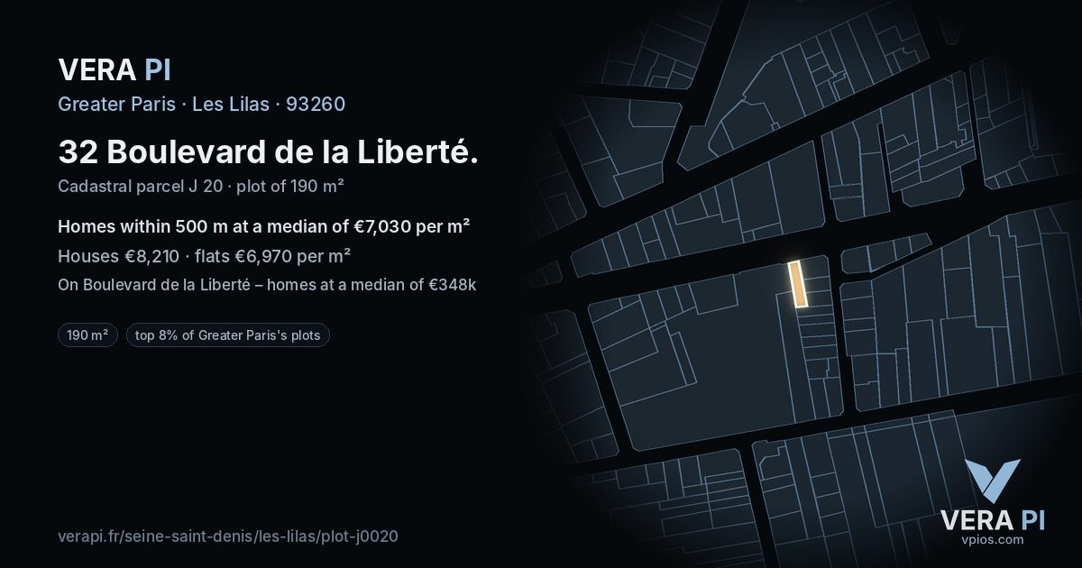 32 Boulevard de la Liberté, Les Lilas at night – the plot lit, the parcels around coloured by the prices near them