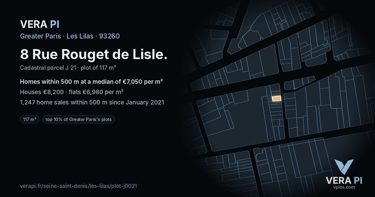 8 Rue Rouget de Lisle, Les Lilas at night – the plot lit, the parcels around coloured by the prices near them
