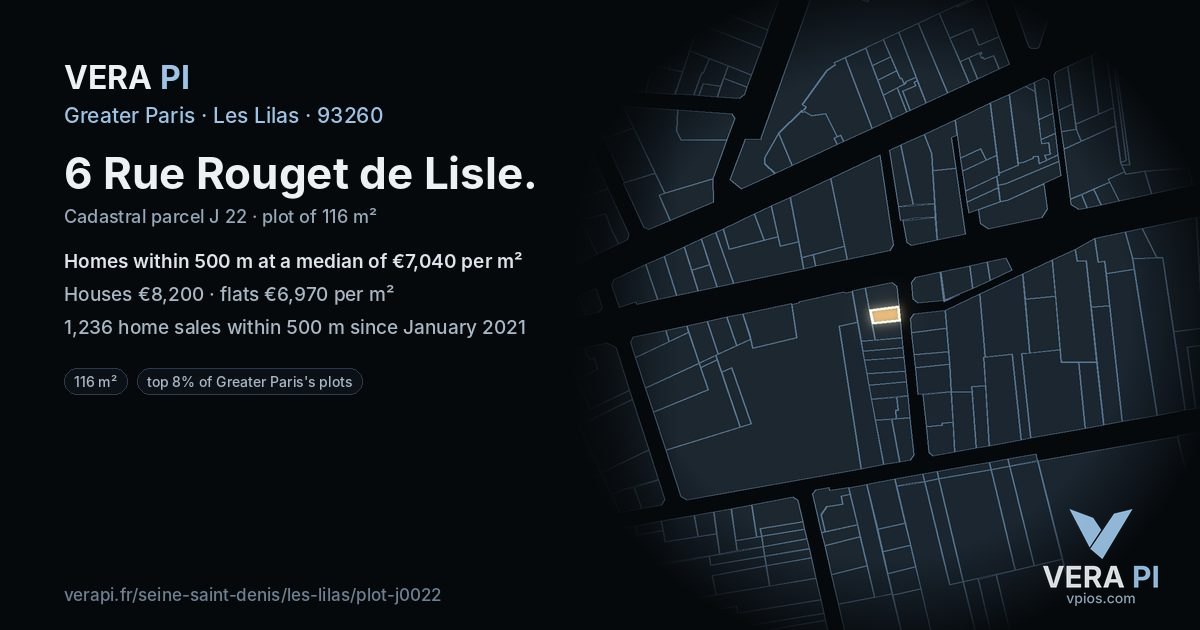 6 Rue Rouget de Lisle, Les Lilas at night – the plot lit, the parcels around coloured by the prices near them