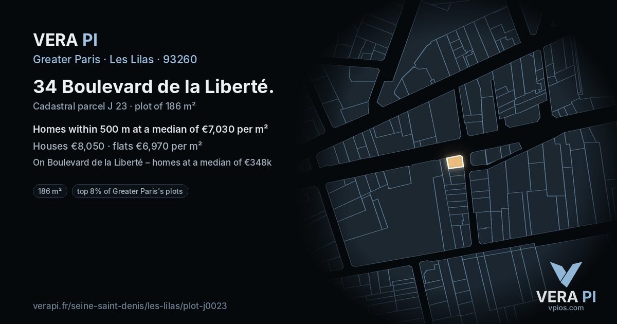 34 Boulevard de la Liberté, Les Lilas at night – the plot lit, the parcels around coloured by the prices near them