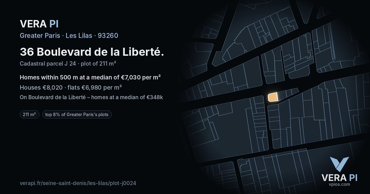 36 Boulevard de la Liberté, Les Lilas at night – the plot lit, the parcels around coloured by the prices near them