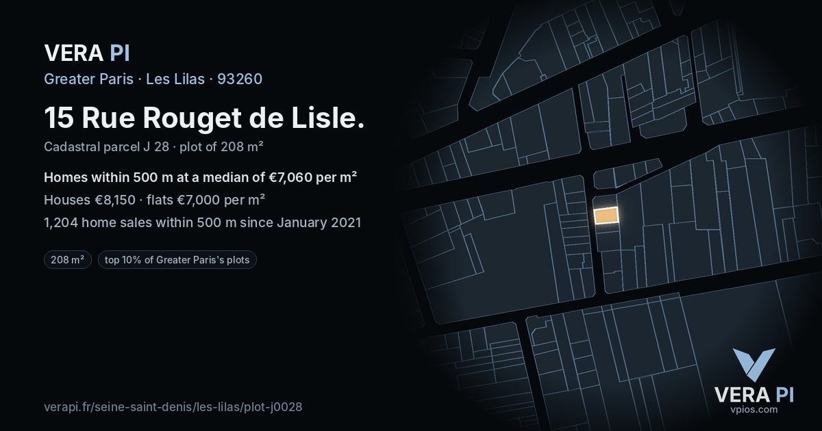 15 Rue Rouget de Lisle, Les Lilas at night – the plot lit, the parcels around coloured by the prices near them