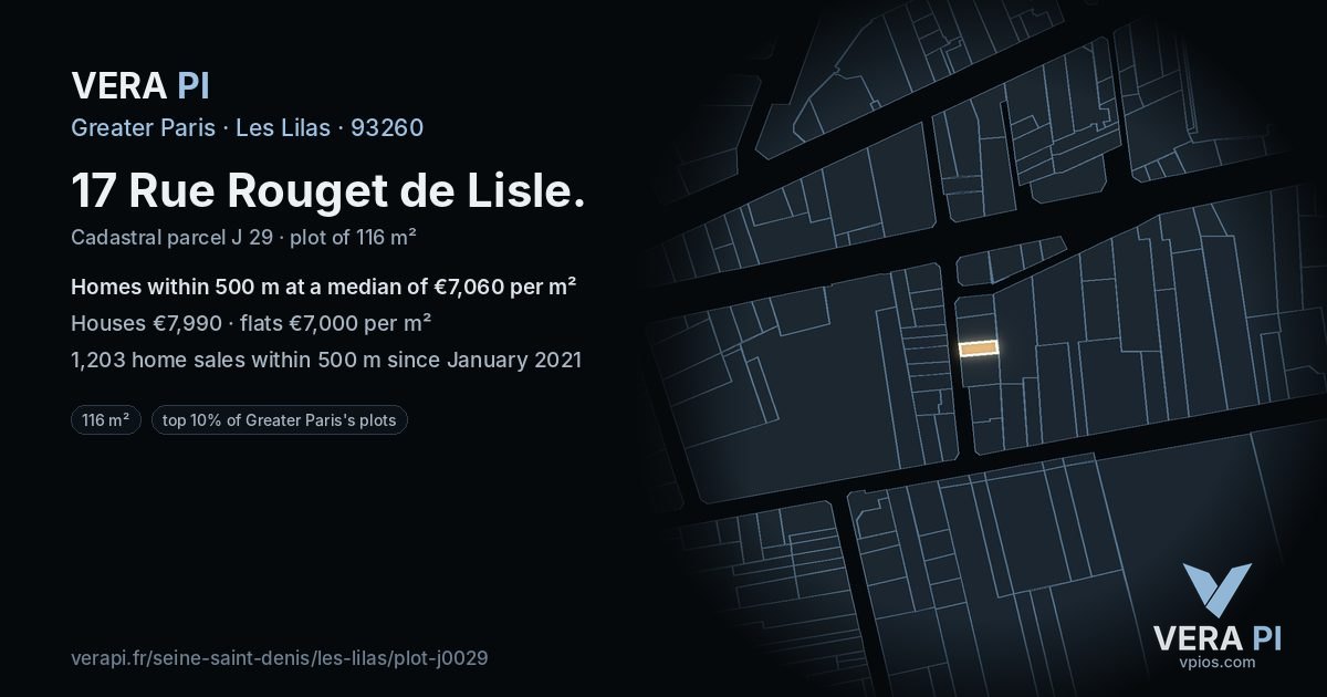17 Rue Rouget de Lisle, Les Lilas at night – the plot lit, the parcels around coloured by the prices near them