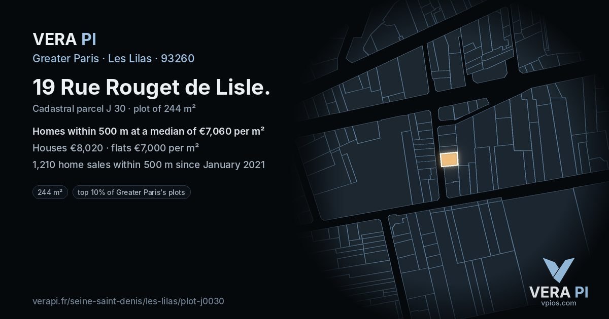 19 Rue Rouget de Lisle, Les Lilas at night – the plot lit, the parcels around coloured by the prices near them