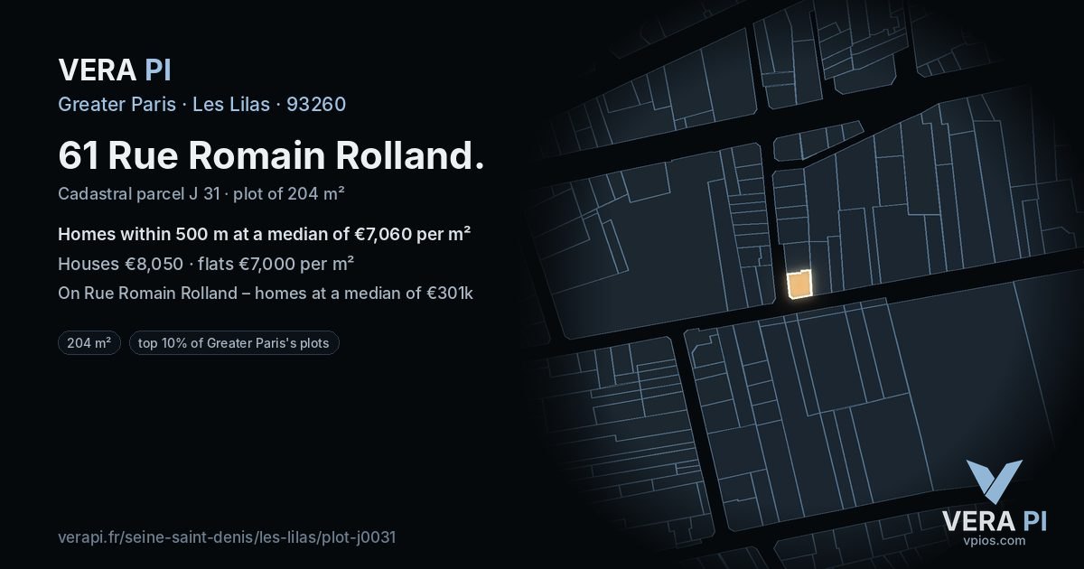 61 Rue Romain Rolland, Les Lilas at night – the plot lit, the parcels around coloured by the prices near them