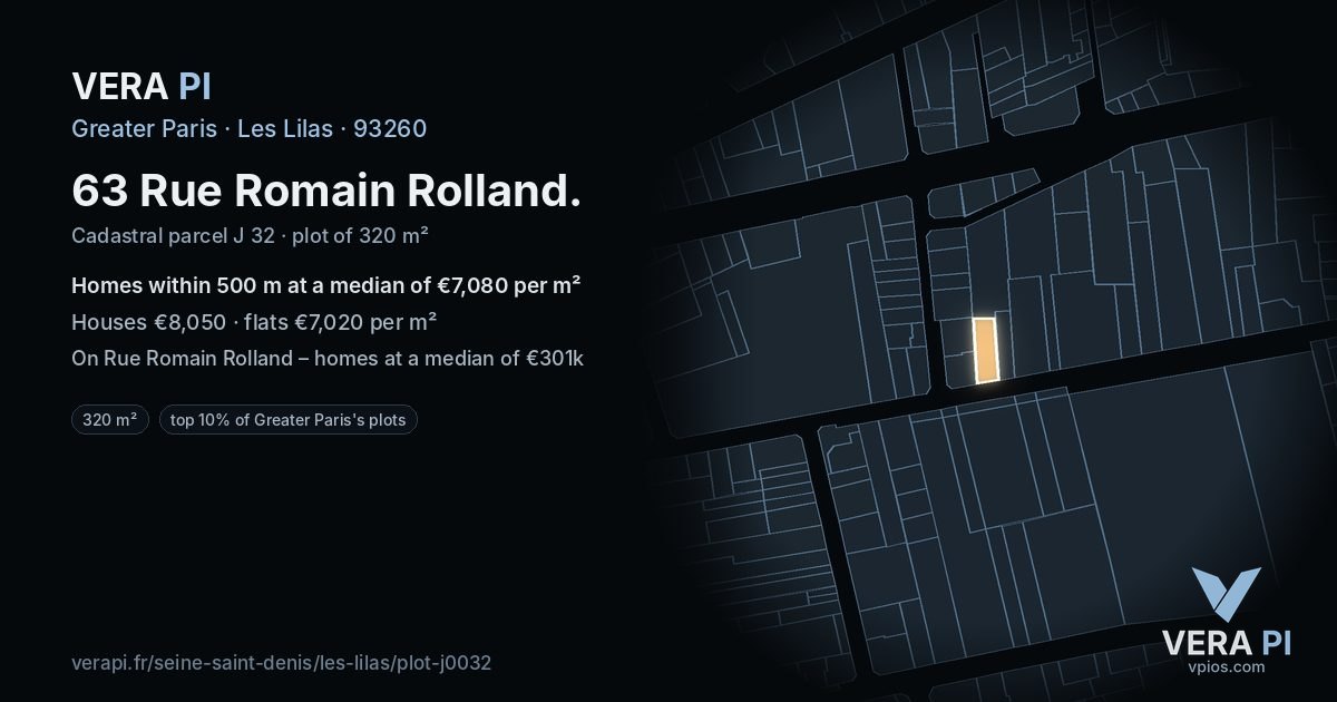 63 Rue Romain Rolland, Les Lilas at night – the plot lit, the parcels around coloured by the prices near them