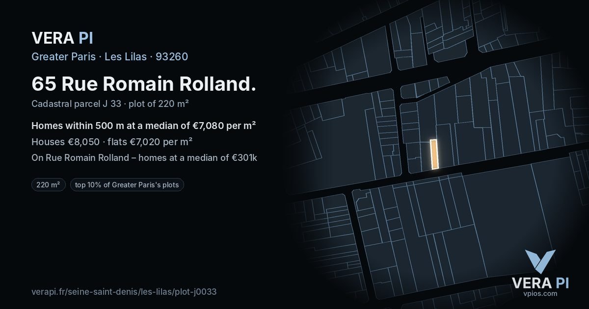 65 Rue Romain Rolland, Les Lilas at night – the plot lit, the parcels around coloured by the prices near them