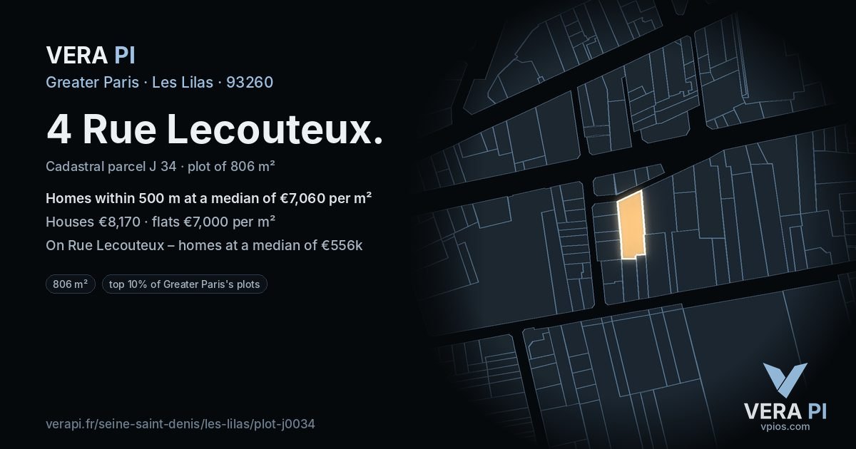 4 Rue Lecouteux, Les Lilas at night – the plot lit, the parcels around coloured by the prices near them
