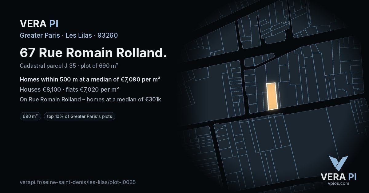 67 Rue Romain Rolland, Les Lilas at night – the plot lit, the parcels around coloured by the prices near them