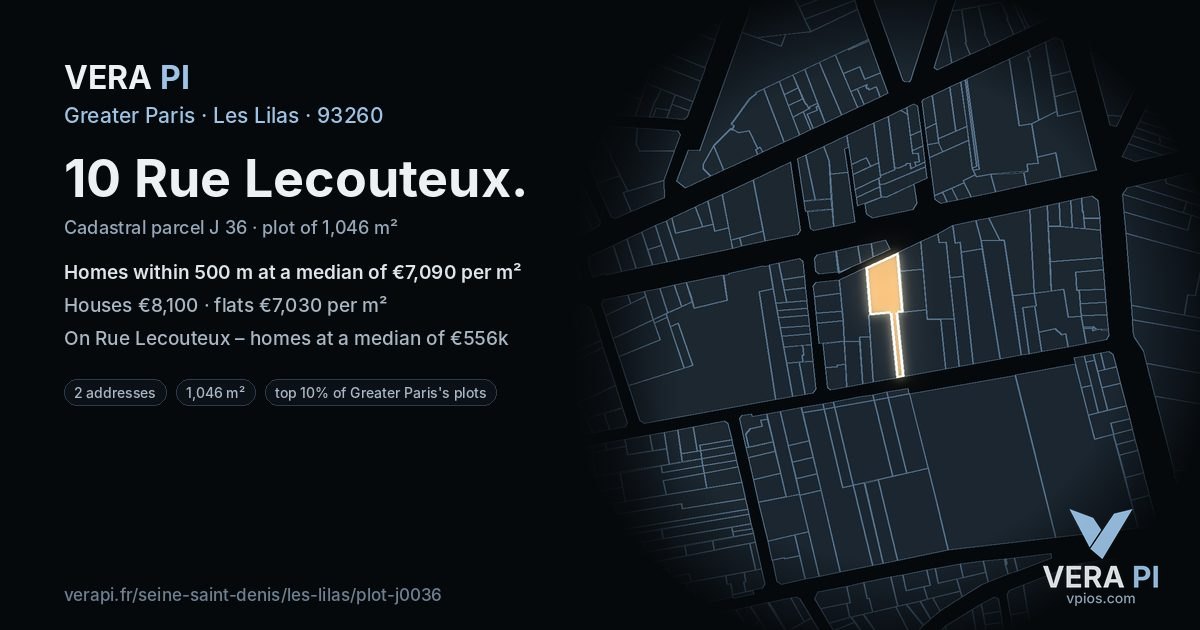 10 Rue Lecouteux, Les Lilas at night – the plot lit, the parcels around coloured by the prices near them