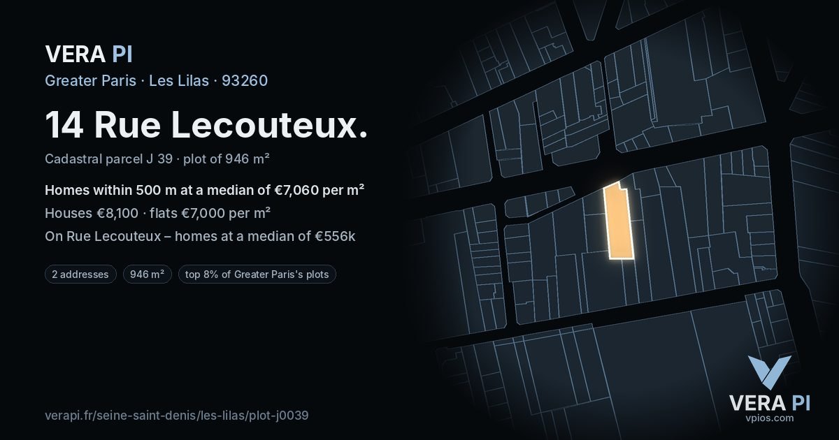 14 Rue Lecouteux, Les Lilas at night – the plot lit, the parcels around coloured by the prices near them