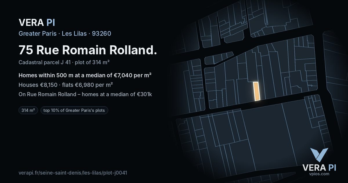 75 Rue Romain Rolland, Les Lilas at night – the plot lit, the parcels around coloured by the prices near them