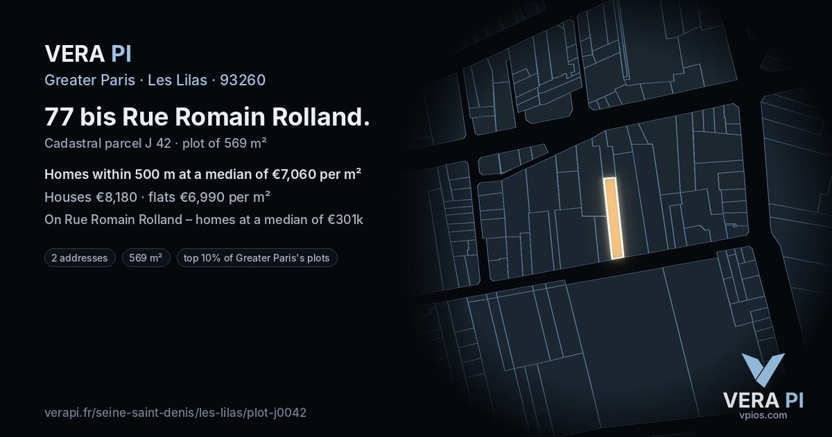 77 bis Rue Romain Rolland, Les Lilas at night – the plot lit, the parcels around coloured by the prices near them