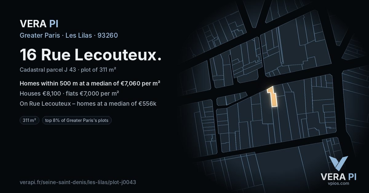 16 Rue Lecouteux, Les Lilas at night – the plot lit, the parcels around coloured by the prices near them