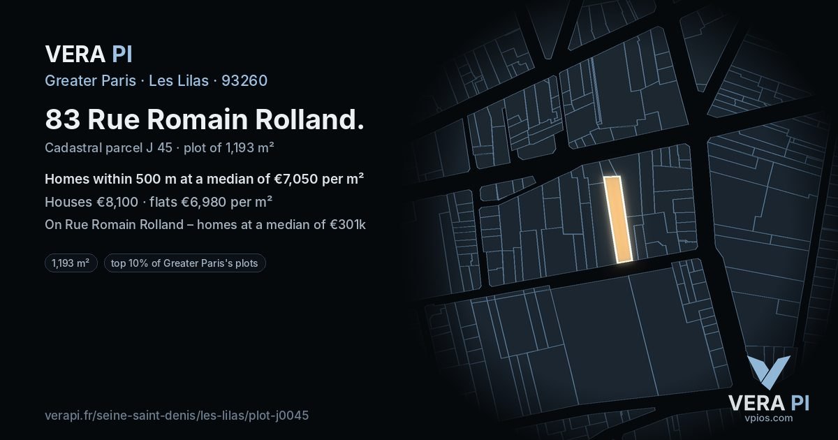 83 Rue Romain Rolland, Les Lilas at night – the plot lit, the parcels around coloured by the prices near them