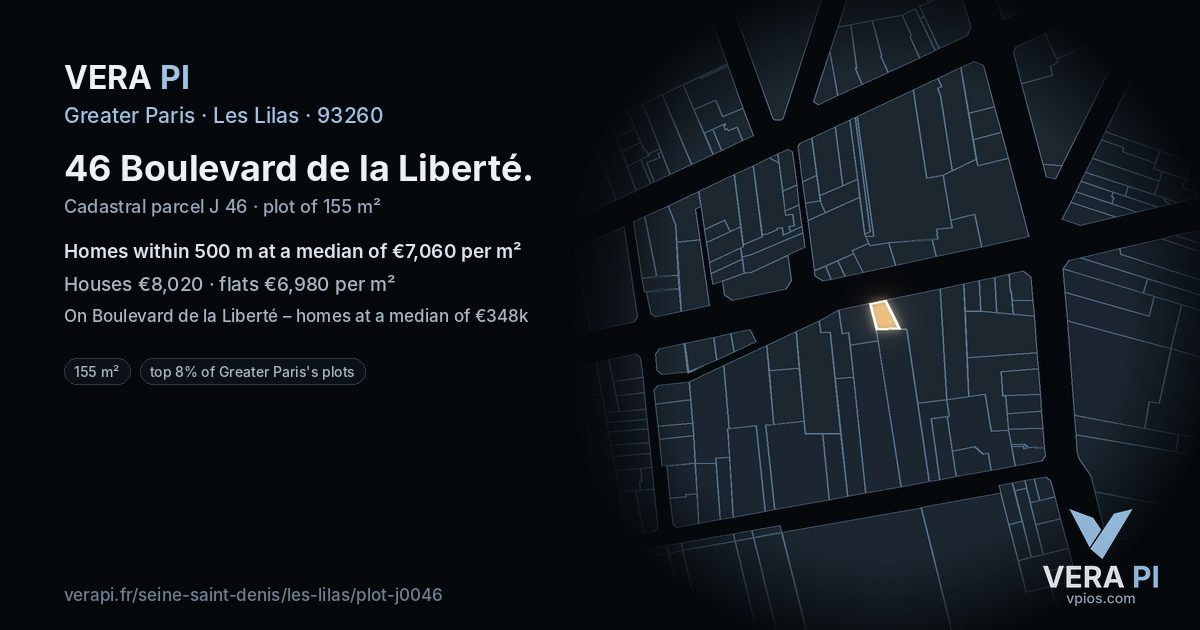 46 Boulevard de la Liberté, Les Lilas at night – the plot lit, the parcels around coloured by the prices near them